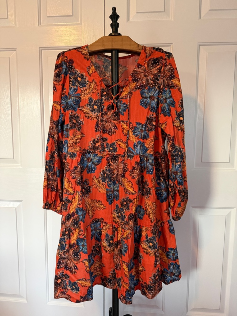 Old Navy Orange Floral Boho Long-Sleeve Tiered Dress